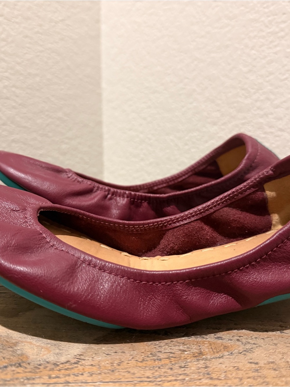 Tieks Burgundy Leather Ballet Flats with Teal Trim - Picture 3 of 5